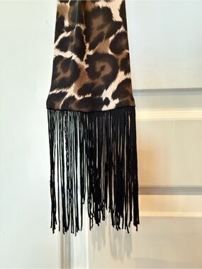Gorgeous leopard print long silk scarf (or belt) with black fringe